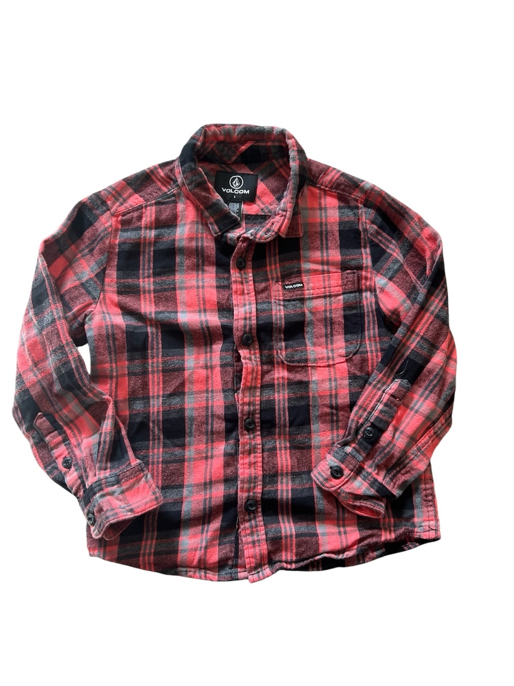 Volcom Boys Red and Black Plaid Flannel Button Down Shirt | Size 6